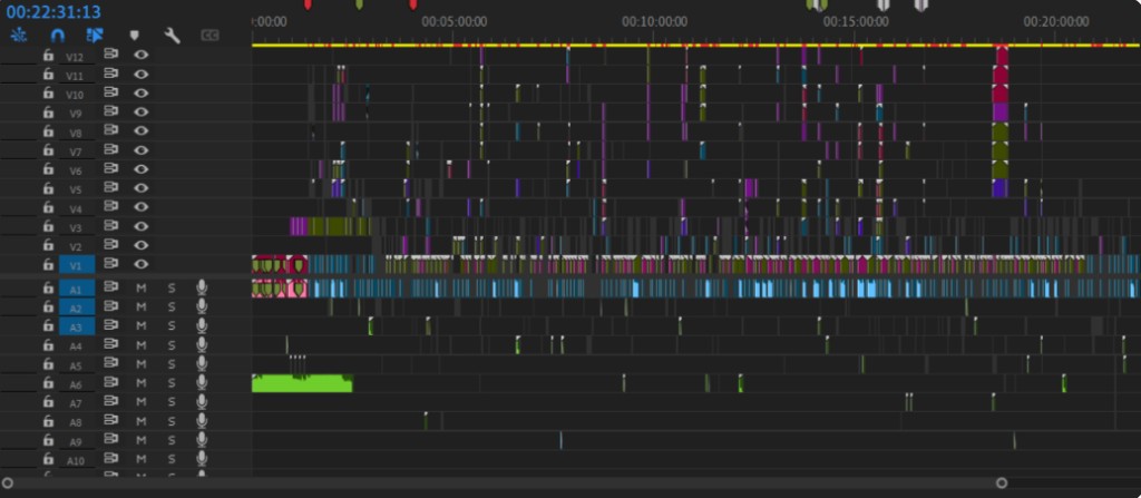 Adobe Premiere Pro timeline showing complex multi-track edit